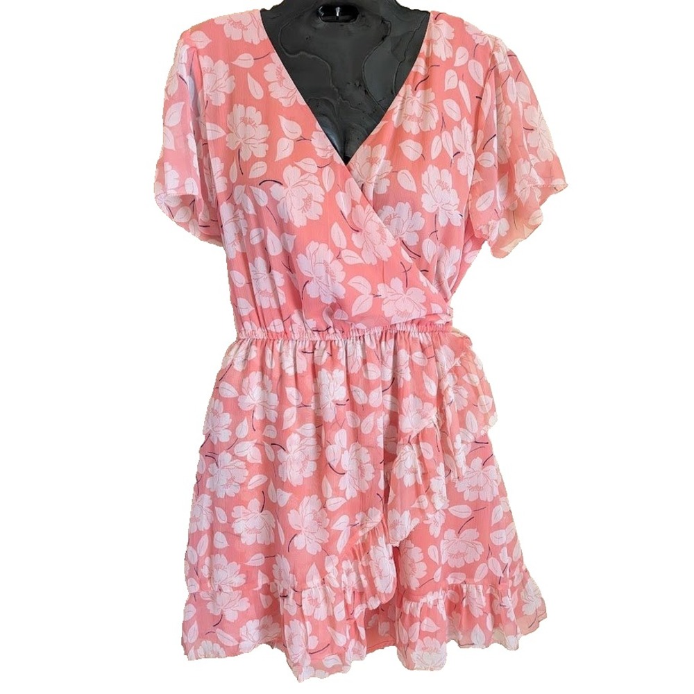 Abercrombie & Fitch Faux Wrap Dress L Cottagecore Romantic Ruffle Floral Summer